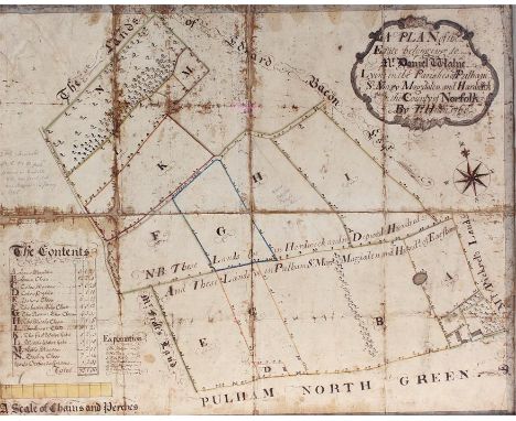 18th Century manuscript map of a Norfolk estate, circa 1763, titled 'A plan of the Estate belonging to Mr Daniel Whalne, Lyin