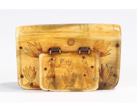 Intriguing late 18th Century folk art engraved horn snuff box, the top engraved with a gentleman handing over a flower to a l