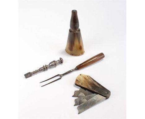 18th Century two prong fork, together with a Victorian fleam made by Premier F. Newton, a horn powder flask and a steel chise