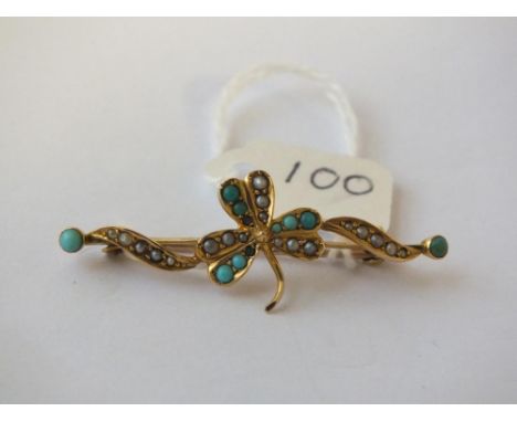 Gold mounted pearl &amp; turquoise shamrock brooch 2.9g inc  
