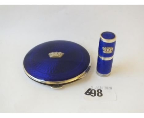 Blue enamelled compact with Naval crest, 3” dia. also a matching lip stick       