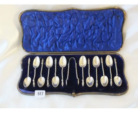 Boxed set of twelve apostle top tea spoons and matching   tongs, Lon 1904 by WHS ltd 180g.     