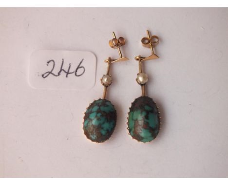Pair of good antique gold, turquoise and pearl  drop earrings   