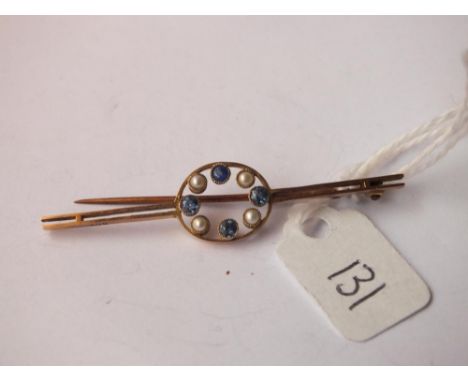 9ct sapphire &amp; pearl mounted bar brooch 2.4g inc   