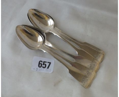 Exeter. Set of six William IV fiddle pattern tea spoons, 1834 by IP 102g.       