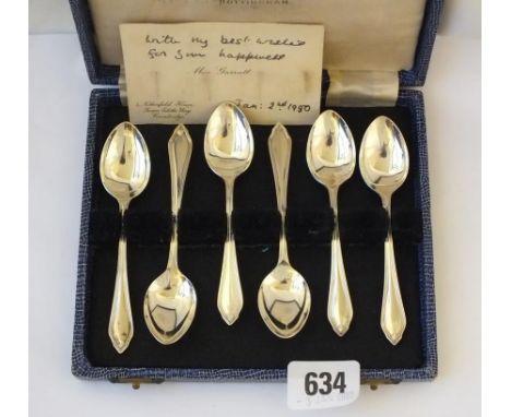 Boxed set of six fancy tea spoons, Shef 1947 by JD &amp; S 68g.  