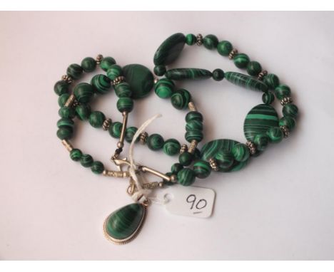 Malachite silver mounted necklace, pendant and bracelet  