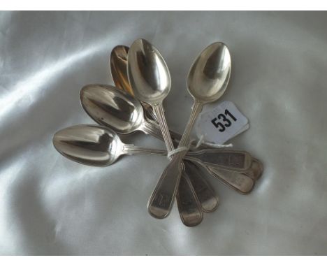 Set of six Georgian fiddle thread crested tea spoons, Lon 1831 by WC 132g.        