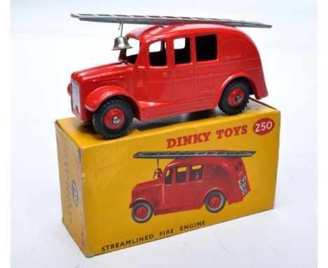 Dinky No. 250 Streamlined Fire Engine. Single issue is in red, with red hubs, and silver metal ladder, as shown. Displays gen