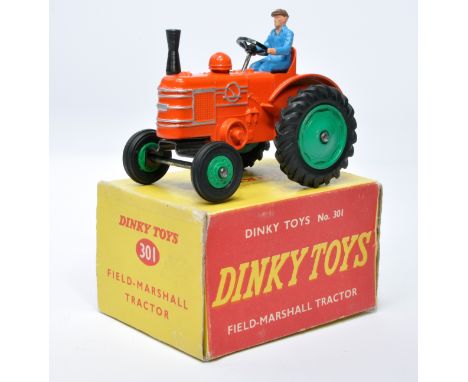 Dinky No. 301 Field Marshall Tractor. Single issue is in orange, with green hubs, and rubber tyres, as shown. Displays genera