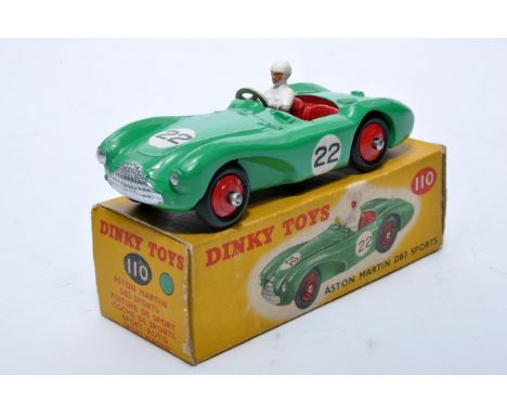 Dinky No. 110 Aston Martin DB3 Sports. Single issue is in green, RN22 with red interior, and red hubs, as shown. Displays gen