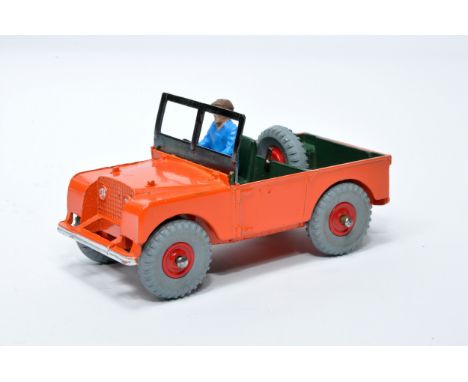 Dinky No. 340 Land Rover. Single issue is in orange, with matt green interior, and red plastic hubs, as shown. Displays gener
