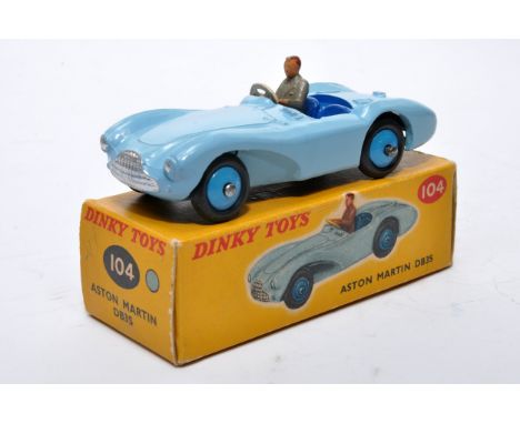 Dinky No. 104 Aston Martin DB3S. Single issue is in light blue, with dark blue interior, mid-blue hubs, plus driver, as shown