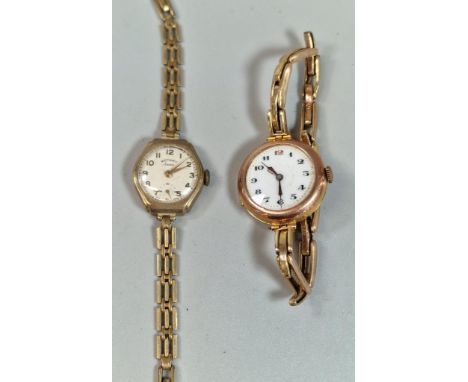 9ct gold ladies' wristwatch, with white enamel circular face. 17.5g approx. Together with a Rotary gold plated ladies' wristw