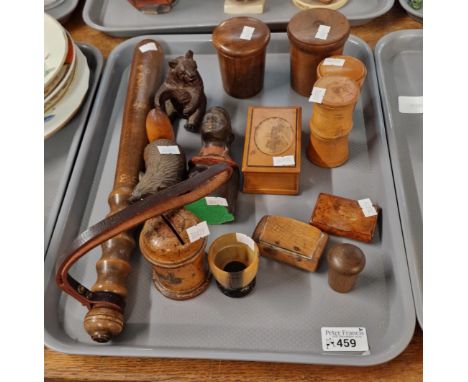 Tray of assorted treen to include: burr walnut snuff box and another snuff box, boxes and covers, Mauchline Ware box, carved 