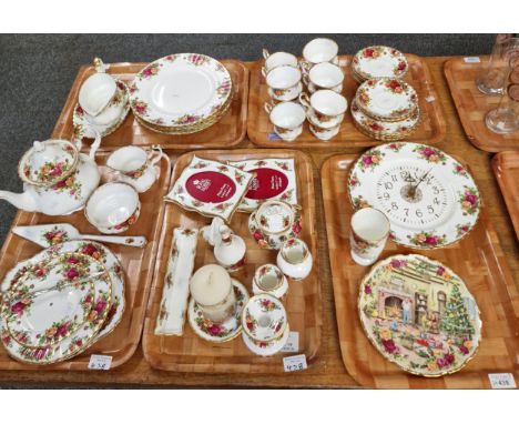 Five trays of mainly Royal albert bone china 'Old Country Roses' tea ware and other items to include: teapot, cups, saucers, 