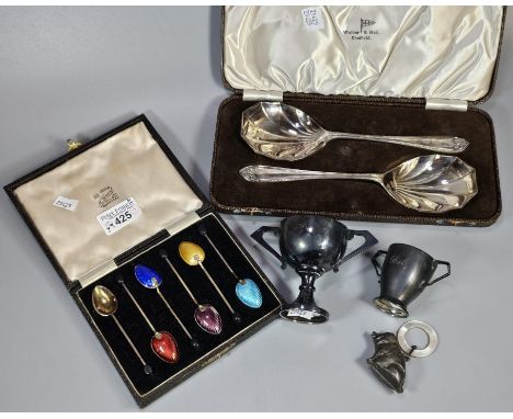 Collection of silver, silver plate and other items to include: two small silver trophy cups, silver baby rattle and teether i
