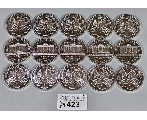 Set of fifteen 2014 Philhamoniker silver one once coins. (15) (B.P. 21% + VAT)