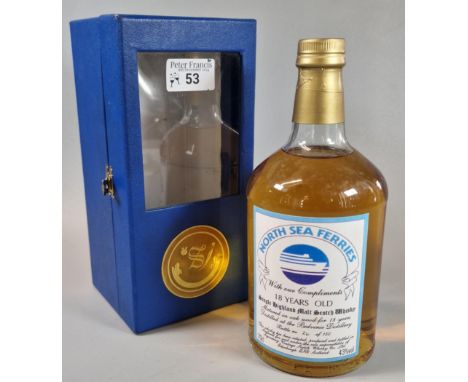 Bottle of North Sea Ferries 18 years old single Highland malt Scotch Whisky, distilled at the Balvenie Distillery, bottle No.