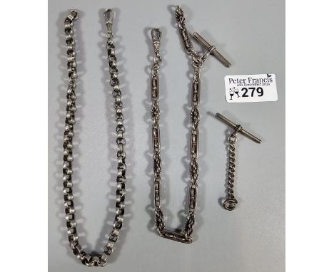 Silver T Bar Albert watch chain together with another silver curb link chain. Total weight 2.4 troy oz approx.  (B.P. 21% + V