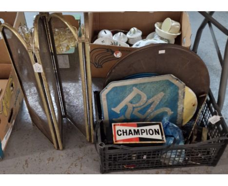 Box of oddments to include: RAC sign, folding brash and mesh fire screen, Castrol Motor Oil advertising thermometer, enamel C