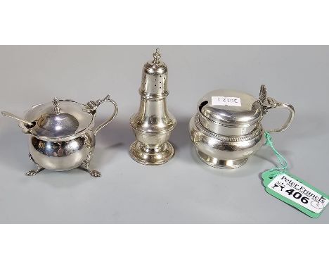 George V silver mustard pot with blue glass liner. Mappin &amp; Webb, Birmingham 1919. Together with another silver mustard p