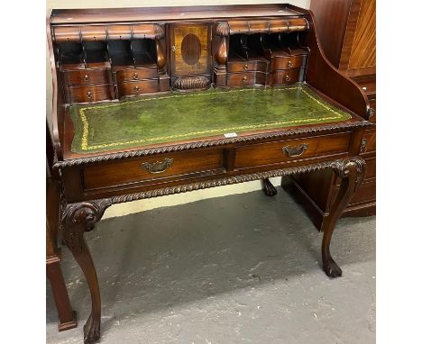 Chippendale style mahogany ladies' writing desk with raised super structure, inset leather writing surface, two frieze drawer
