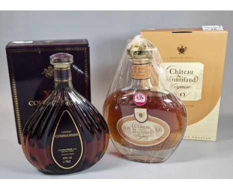 Bottle of Chateau De Montifaud Cognac X.O. 70ml, in original box and wrapping, together with a bottle of Courvoisier X.O Cogn