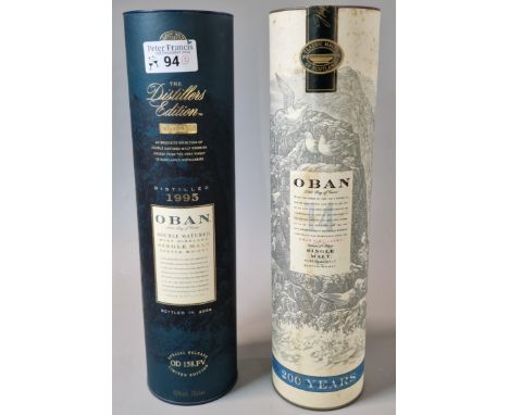 Bottle of Oban 'Little Bay of Caves' single malt Scotch Whisky, age 14 years. Together with another bottle of Oban 1995 doubl