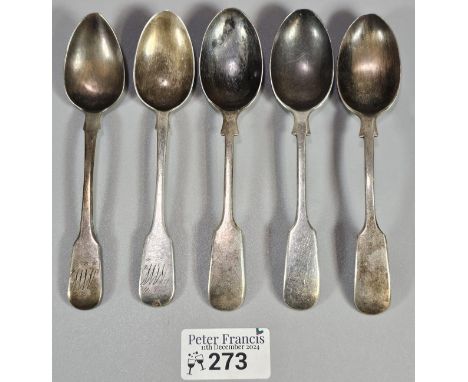 Collection of five silver teaspoons. Sheffield and Edinburgh hallmarks. 3.81 troy oz approx. (B.P. 21% + VAT)