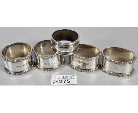Group of silver napkin rings (2 pairs+1). 4.5 troy oz approx. (B.P. 21% + VAT)