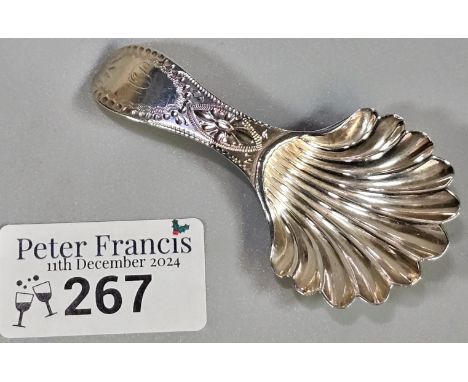 19th century silver shell shaped tea caddy spoon, initials HB.  (B.P. 21% + VAT)