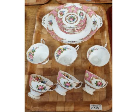Thirteen piece Royal Albert bone china 'Lady Carlyle' design part tea set comprising: six cups, six saucers and a sandwich pl