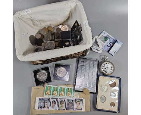 Wicker basket of oddments to include: silver plated open faced pocket watch, various coins including GB and Foreign, Crown da
