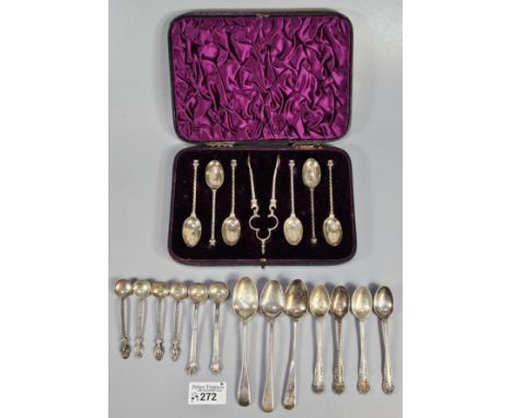 Bag of loose silver spoons. 5.24 troy oz approx. together with a Victorian cased set of six teaspoons and matching sugar nips