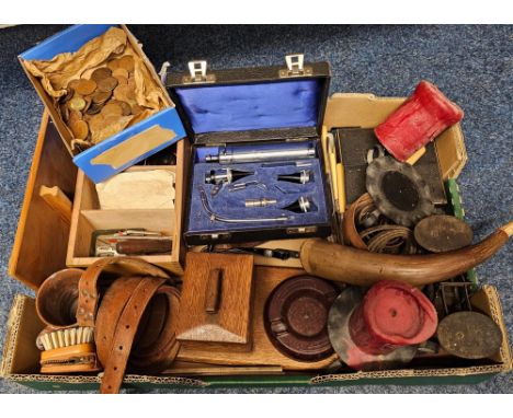 Box of oddments to include: GB copper coinage, candlesticks and candlestick holders, plated cutlery, oak box, vanity items et
