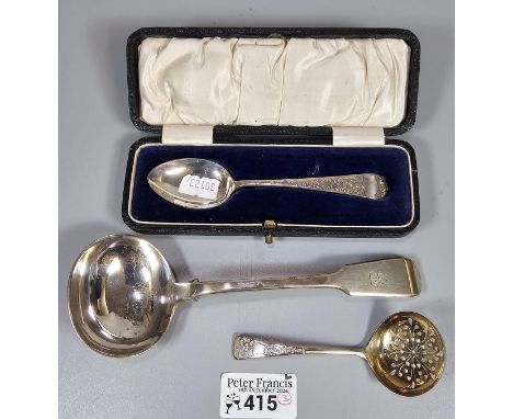 Victorian silver ladle. London 1854. Together with small silver sifter spoon. Sheffield 1904, by Atkin Bros. Together with a 