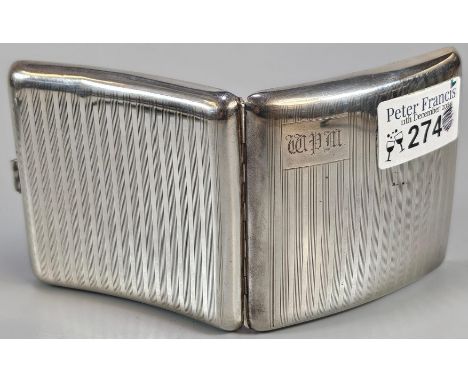 George V silver engine turned cigarette case with engraved initials. Birmingham hallmarks. 2.52 troy oz approx.  (B.P. 21% + 