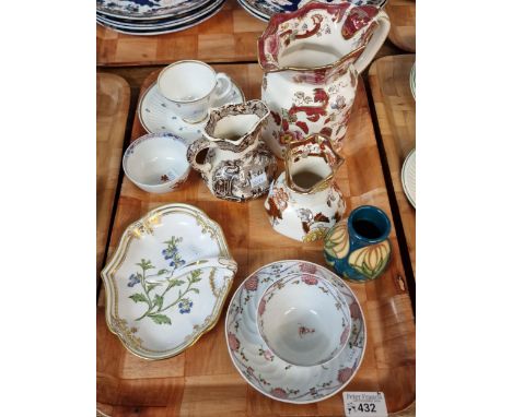 Tray of ceramics to include: modern Moorcroft tube lined vase, Masons Ironstone Mandalay red and Vista pouch shaped dresser j