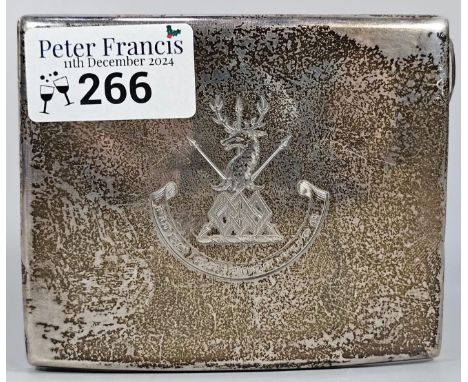 Silver cigarette case with gilt interior, Birmingham hallmarks, with engraved Stag armorial. 4.09 troy oz approx.  (B.P. 21% 