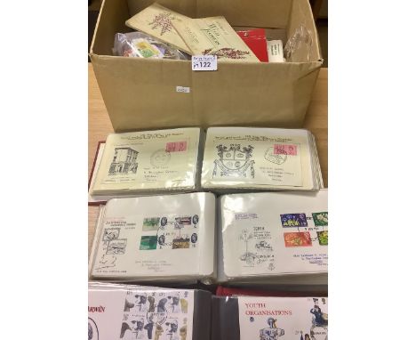 Box with selection of covers and first day covers in four albums 1950's to 1980's, plus few postcards, cigarette cards and a 