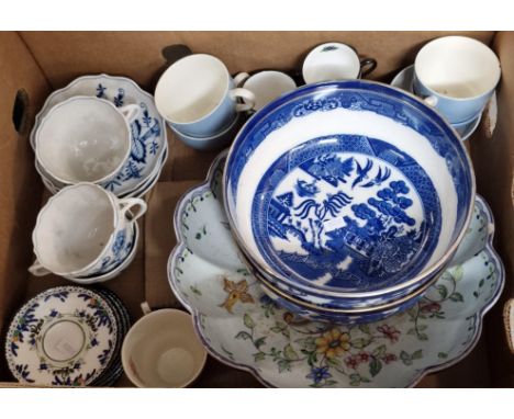 Box of china to include: Royal Doulton blue and white 'Willow' fruit bowls, Meissen 'Blue Onion' cabinet cups and saucers, la