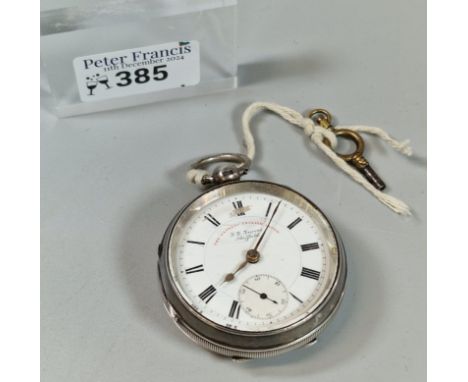 19th century key wind silver lever open faced pocket watch, with white Roman face having seconds dial and engine turned decor