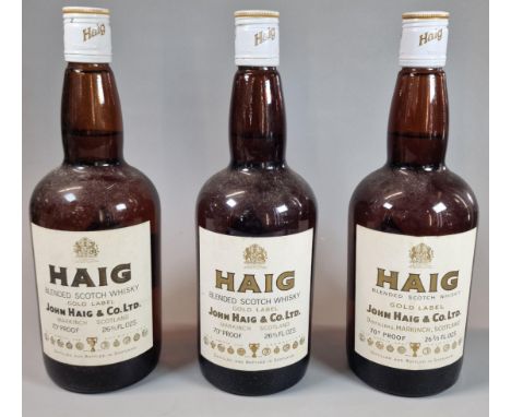 Three bottles of Haig blended Scotch Whisky Gold Label. John Haig &amp; Co Ltd. Markinch, Scotland. 26 2/3 flozs. (3) (B.P. 2