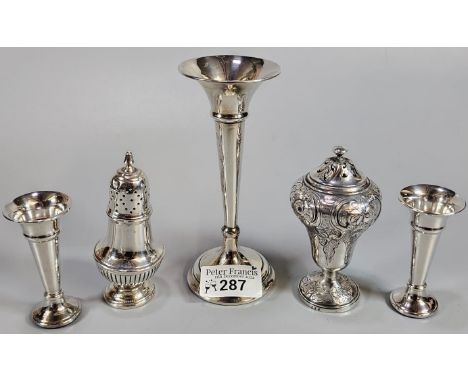 Bag of silver to include: two silver pepperettes for London dated 1841 and 1904, together with a pair of miniature silver vas