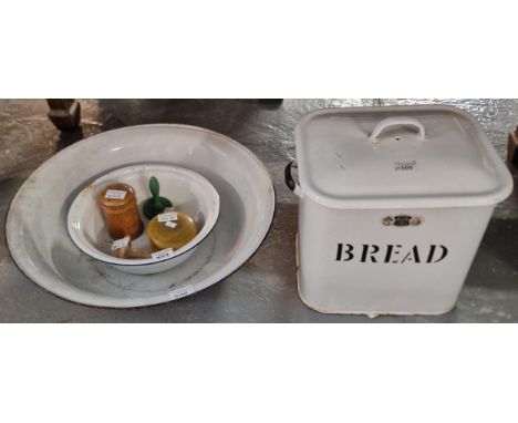 Vintage enamel 'Bread' bin and cover, together with two enamel bowls and a small collection of treen. (B.P. 21% + VAT)