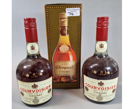 Two bottles of Courvoisier Three Star Luxe Cognac. 25fl oz. Together with a bottle of Bisquit Cognac. 24fl oz. (3)  (B.P. 21%