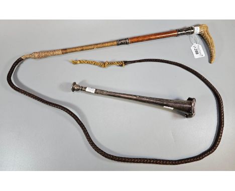 Vintage hunting horn together with a vintage riding crop/whip with horn handle and silver collars. (2)  (B.P. 21% + VAT)