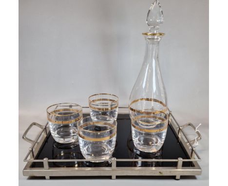 Art Deco design silver plated two handled tray with black glass lining, together with a set of four gilt banded tumblers and 