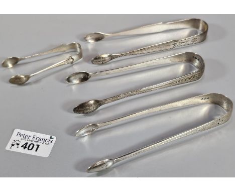 Collection of Georgian and Edwardian silver sugar nips/tongs, some bright cut designs and dated 1791, 1785 and 1796, by John 
